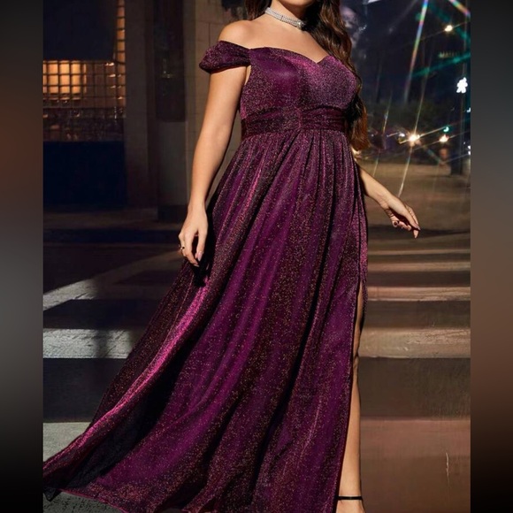 Luxe purple off shoulder glitter party formal evening gown dress - Picture 10 of 11
